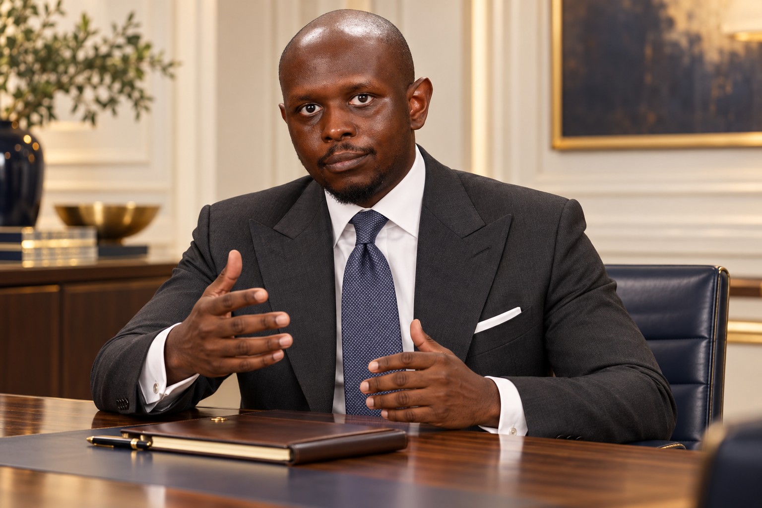 Jamelle Sanders discussing strategy at a boardroom table in a charcoal Tom Ford suit