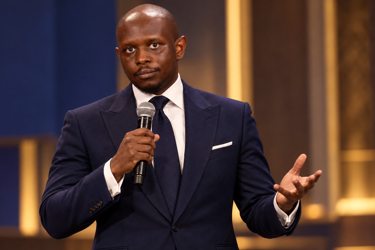 Jamelle Sanders delivering a keynote in a navy Tom Ford suit