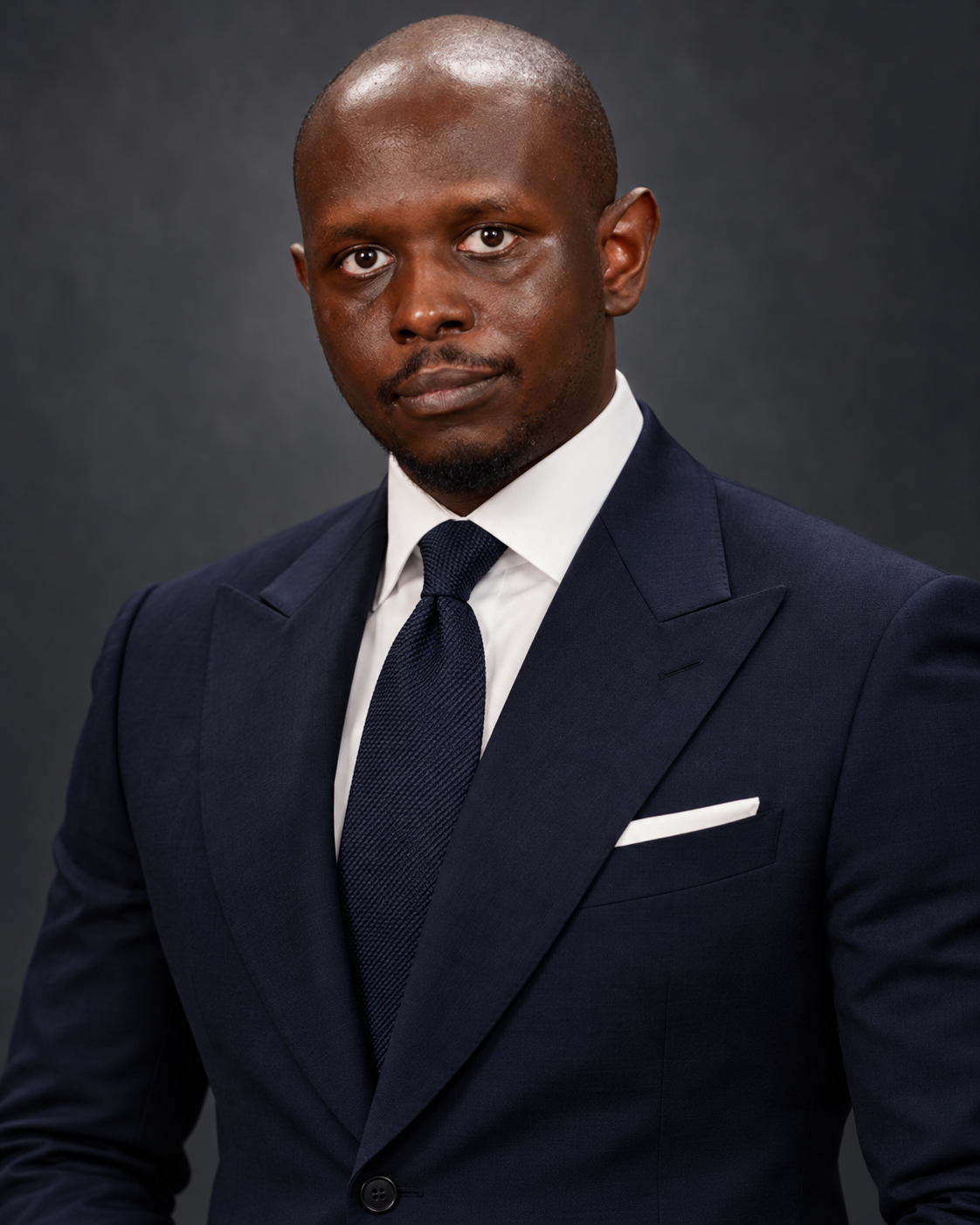 Jamelle Sanders in an elegant midnight-navy Tom Ford suit