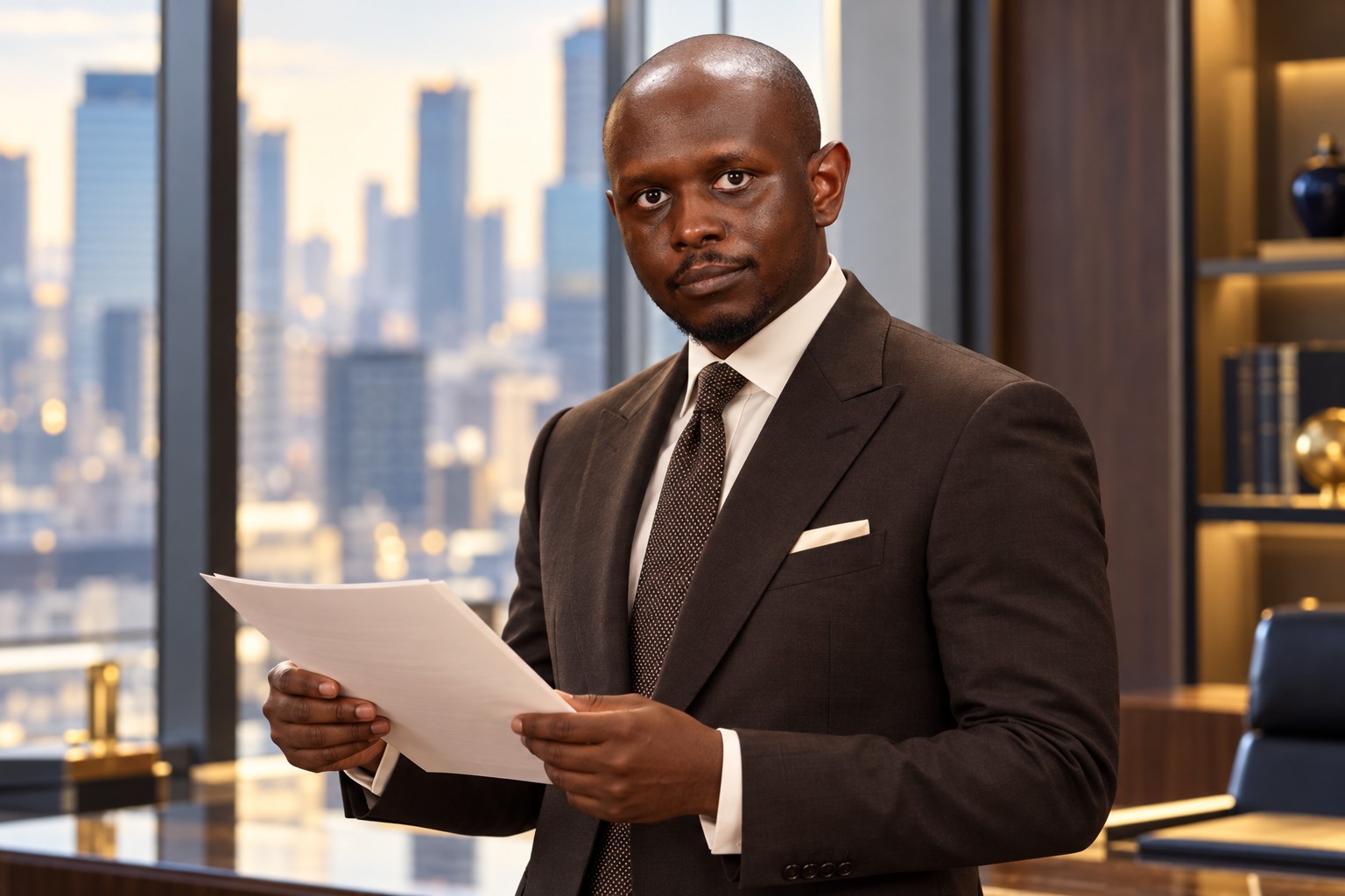 Jamelle Sanders reviewing a document by an office window in a dark chocolate Tom Ford suit